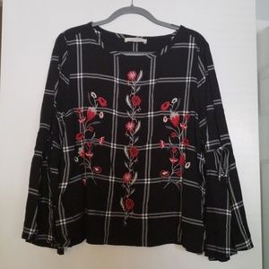 Loft Embroidered plaid bell sleeve top